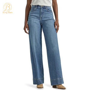 OEM ODM Стильные свободные женские мешковатые синие джинсовые пуговицы с потертостями, прямые повседневные джинсы на продажу, женские брюки