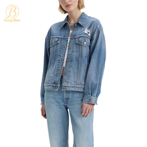 OEM ODM горячая распродажа осенью и весной больших размеров женская джинсовая джинсовая куртка с отложным воротником и карманом свободная куртка