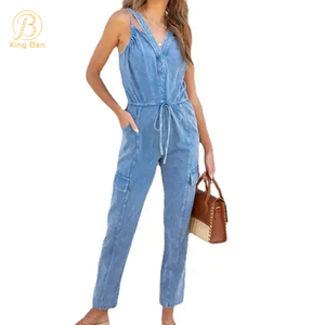 OEM ODM Женские синие джинсовые комбинезоны с карманами Женские джинсовые эластичные пояса без рукавов Промытые джинсовые повседневная одежда для женщин 