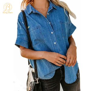 OEM ODM Фабрика Индивидуальные синие женские джинсовые рубашки на пуговицах с воротником Повседневные женские блузки с карманами и длинными рукавами