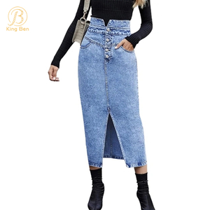 OEM ODM Женская многоцветная повседневная модная женская джинсовая юбка с высоким разрезом и карманами на пуговицах с высокой талией Узкая джинсовая юбка трапециевидной формы