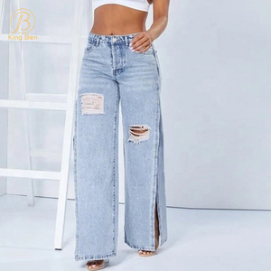 OEM ODM горячая распродажа, модные женские широкие джинсовые брюки, джинсы с боковыми разрезами, джинсовая фабрика
