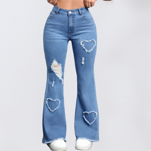 Новейший дизайн с рисунком любви, индивидуальный логотип, OEM ODM, расклешенные джинсы, женские брюки, облегающие джинсы